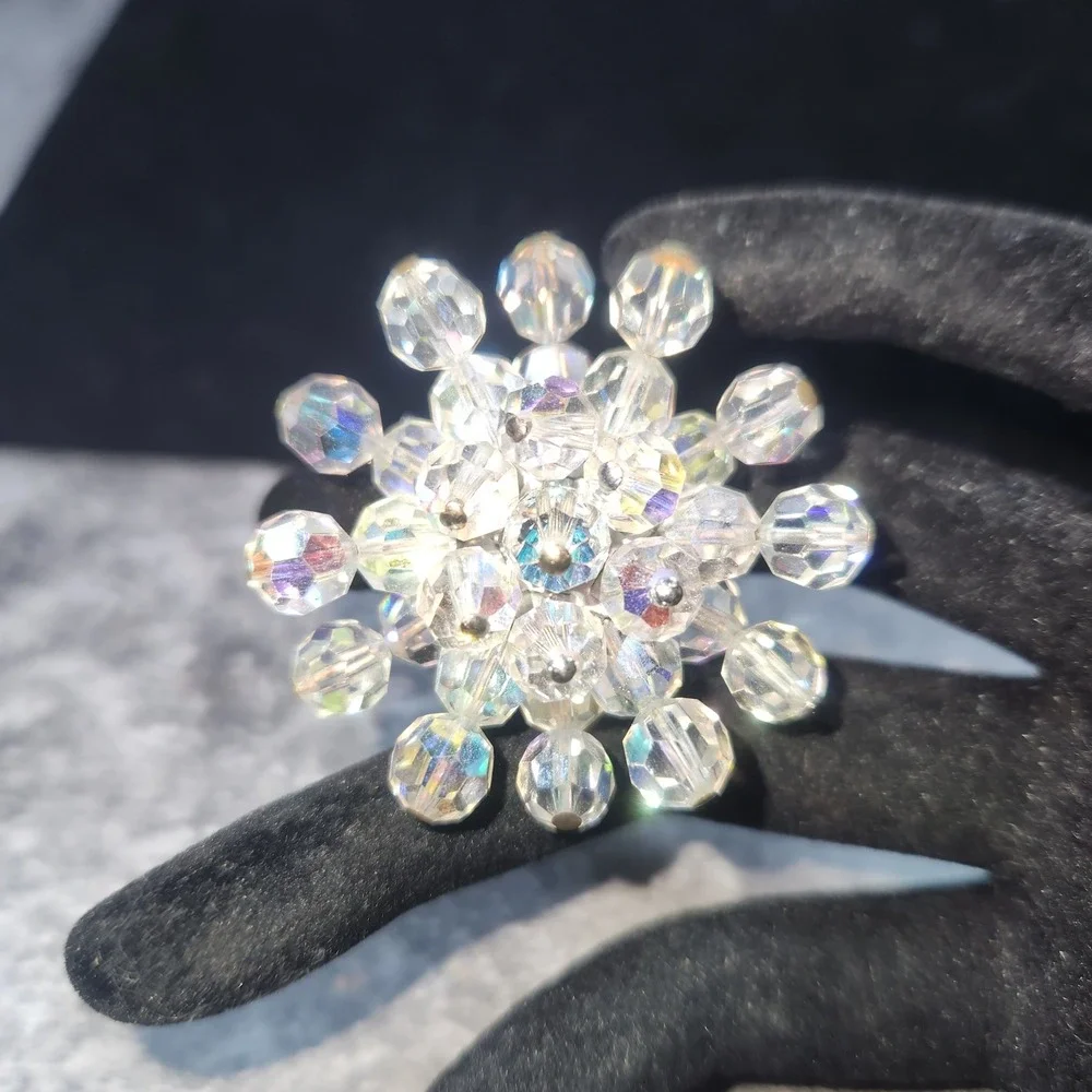 Vintage Aurora Borealis Crystal Bead Snowflake Brooch Silver Tone Iridescent